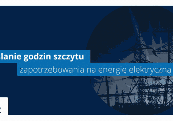 Grafika przedstawia napis "Określanie godzin szczytu zapotrzebowania na energię elektryczną" na tle obrazów linii energetycznych.