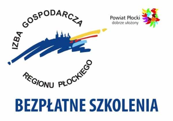 Logo Izby Gospodarczej Regionu Płockiego z napisem "BEZPŁATNE SZKOLENIA" i kolorowymi graficznymi elementami.