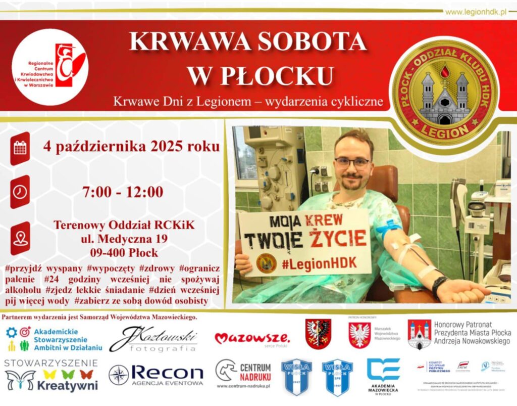 Na zdjęciu widoczny jest mężczyzna oddający krew w Regionalnym Centrum Krwiodawstwa, trzymający transparent z hasłem "Moja krew, twoje życie".