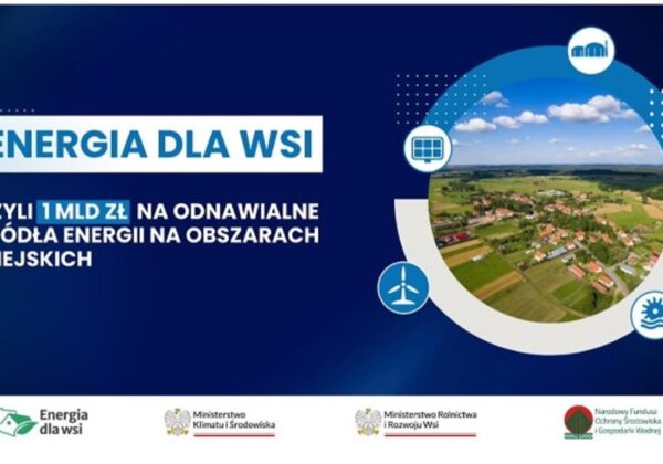 Plakat promujący program "Energia dla wsi", który informuje o wsparciu w wysokości 1 miliarda złotych na odnawialne źródła energii w obszarach wiejskich, z widokiem na krajobraz wiejski oraz ikony symbolizujące różne źródła energii.