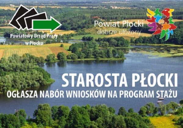 Wizualizacja przedstawia malowniczy krajobraz z rzeką i zalesionymi terenami, promując program stażu ogłoszony przez Starostę Płockiego.