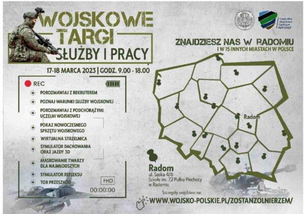 Plakat promujący Wojskowe Targi Służby i Pracy, które odbyły się w Radomiu w dniach 17-18 marca 2023 roku, zawierający informacje o wydarzeniu oraz różnorodnych atrakcjach.