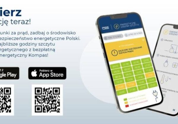 Grafika promująca aplikację "Energetyczny Kompas", zachęcająca do obniżenia rachunków za prąd oraz dbania o środowisko, z informacjami o dostępności na platformach Google Play i App Store.