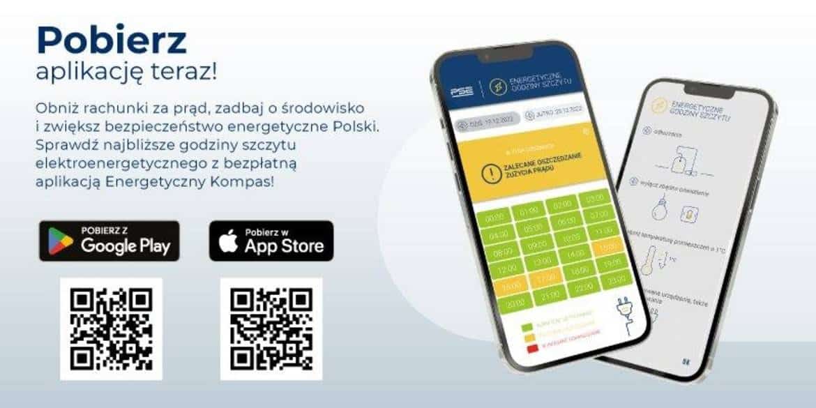 Grafika promująca aplikację "Energetyczny Kompas", zachęcająca do obniżenia rachunków za prąd oraz dbania o środowisko, z informacjami o dostępności na platformach Google Play i App Store.