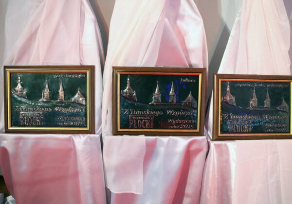 Na zdjęciu znajdują się trzy ramki z metalowymi tablicami, przedstawiającymi wyróżnienia za wydarzenia roku 2015, umieszczone na białych tkaninach.