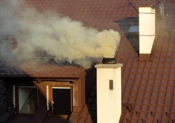 Na zdjęciu widać komin na dachu budynku, z którego unosi się dym.
