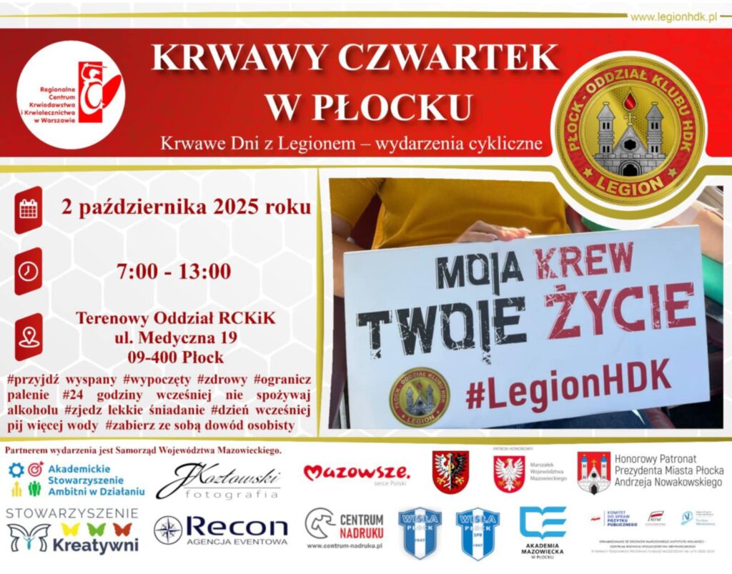 Plakat promujący akcję krwiodawstwa "Krwawy Czwartek" w Płocku, która odbędzie się 2 października 2025 roku.