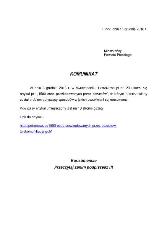 Komunikat mieszkańców Powiatu Płockiego dotyczący oszustw telekomunikacyjnych z dnia 15 grudnia 2016 roku.