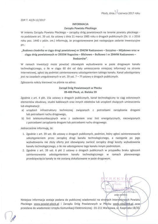 Dokument informacyjny Zarządu Dróg Powiatowych w Płocku dotyczący planowanej budowy chodnika w różnych lokalizacjach w powiecie płockim.