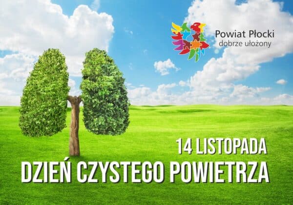 Na zdjęciu widać ogromne drzewa stylizowane na płuca, symbolizujące Dzień Czystego Powietrza, oraz jasne, zielone tło z błękitnym niebem.