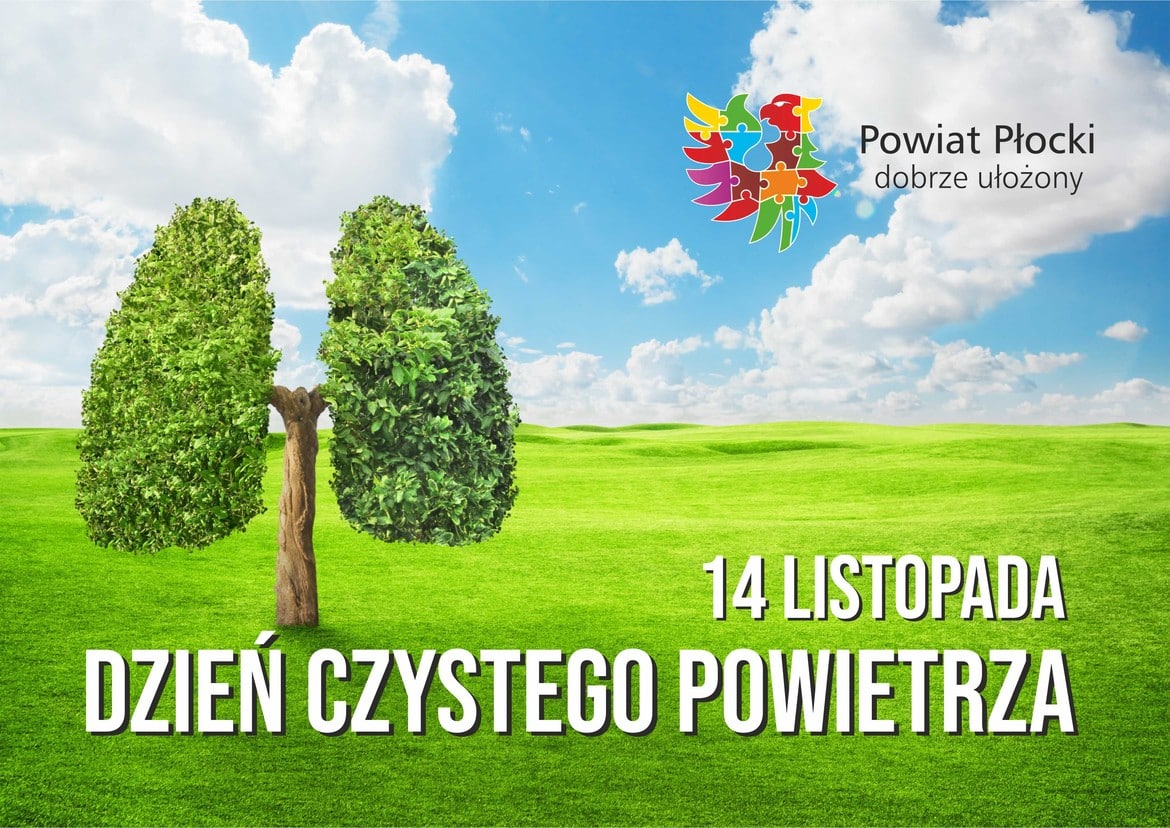 Na zdjęciu widać ogromne drzewa stylizowane na płuca, symbolizujące Dzień Czystego Powietrza, oraz jasne, zielone tło z błękitnym niebem.