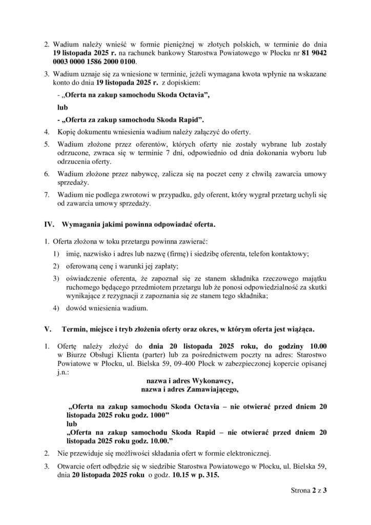Ogłoszenie o przetargu publicznym na sprzedaż samochodów osobowych, zawierające szczegóły dotyczące składania ofert oraz wymagań związanych z przetargiem.