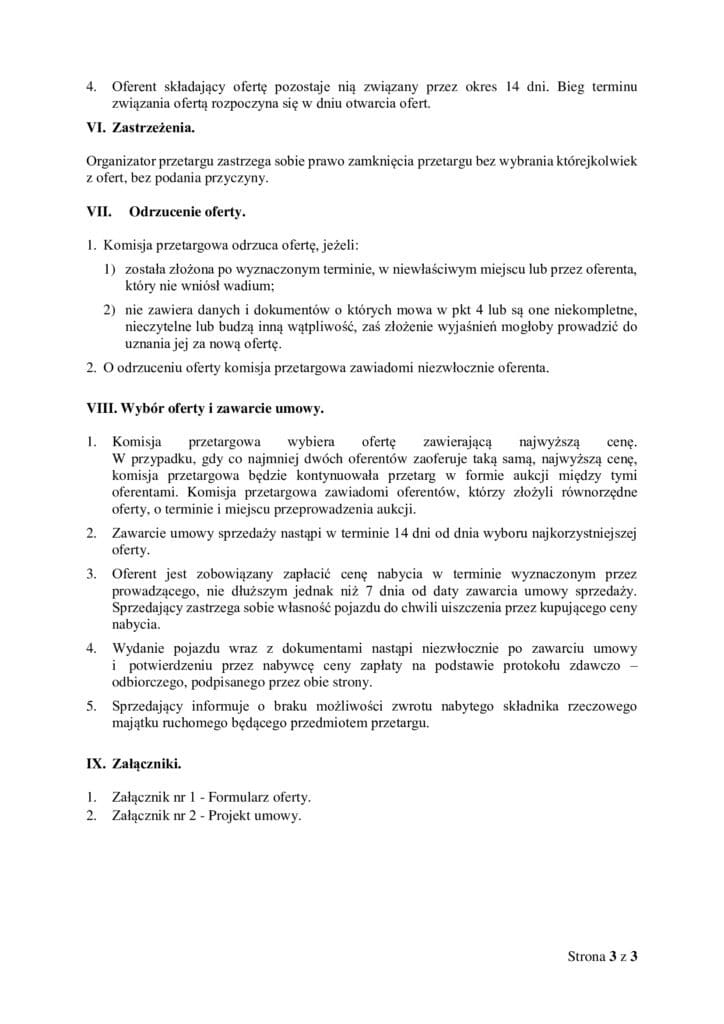 Zdjęcie przedstawia dokument dotyczący przetargu publicznego na sprzedaż samochodów osobowych, ogłoszonego przez Zarząd Powiatu w Płocku.