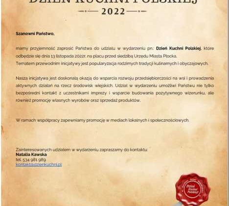 Na zdjęciu znajduje się zaproszenie na wydarzenie "Dzień Kuchni Polskiej", które odbędzie się 13 listopada 2022 roku w Płocku, z informacjami o programie i kontaktach do organizatorów.