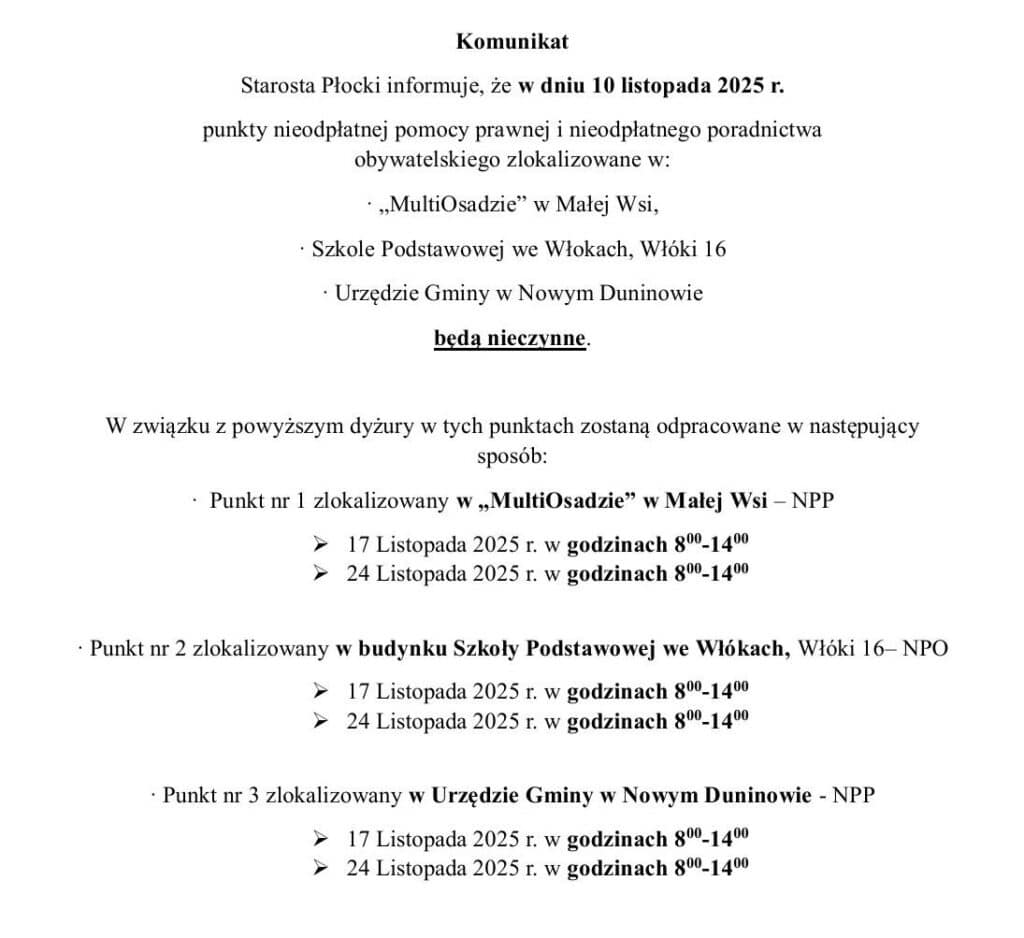 Komunikat punkty- zmiana godzin otwarcia