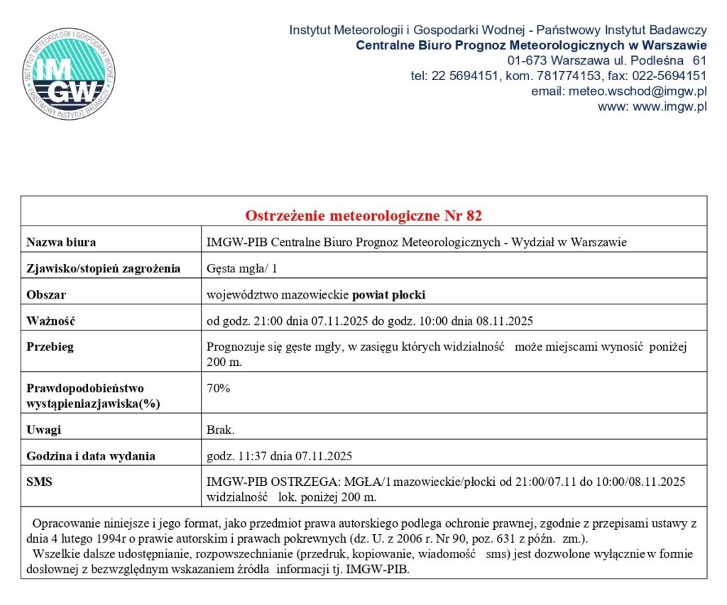 Komunikat IMGW - gęsta mgła