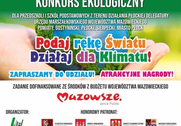 Plakat promujący konkurs ekologiczny dla przedszkoli i szkół podstawowych, zachęcający do działania na rzecz klimatu z atrakcyjnymi nagrodami.