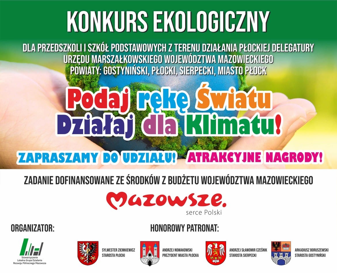Plakat promujący konkurs ekologiczny dla przedszkoli i szkół podstawowych, zachęcający do działania na rzecz klimatu z atrakcyjnymi nagrodami.