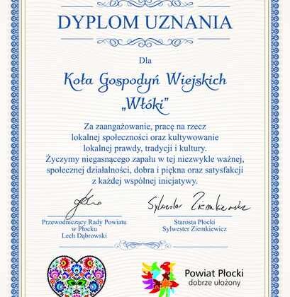 Dyplom uznania dla Koła Gospodyń Wiejskich „Włók” za zaangażowanie w lokalną społeczność i kulturę.