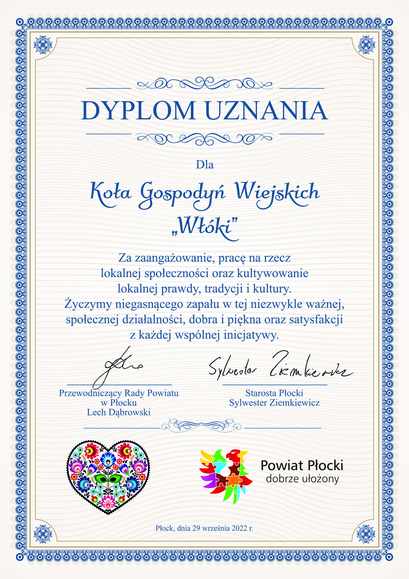 Dyplom uznania dla Koła Gospodyń Wiejskich „Włók” za zaangażowanie w lokalną społeczność i kulturę.