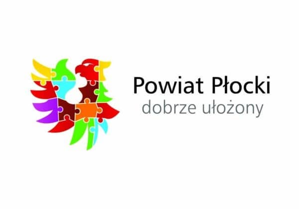 Logo Powiatu Płockiego przedstawiające kolorową sylwetkę orła ułożoną z puzzli, obok napis "Powiat Płocki dobrze ułożony".