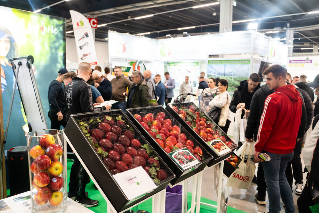 Na zdjęciu przedstawiono targi sadownictwa i warzywnictwa, gdzie zwiedzający chętnie oglądają ofertę jabłek na stoiskach.
