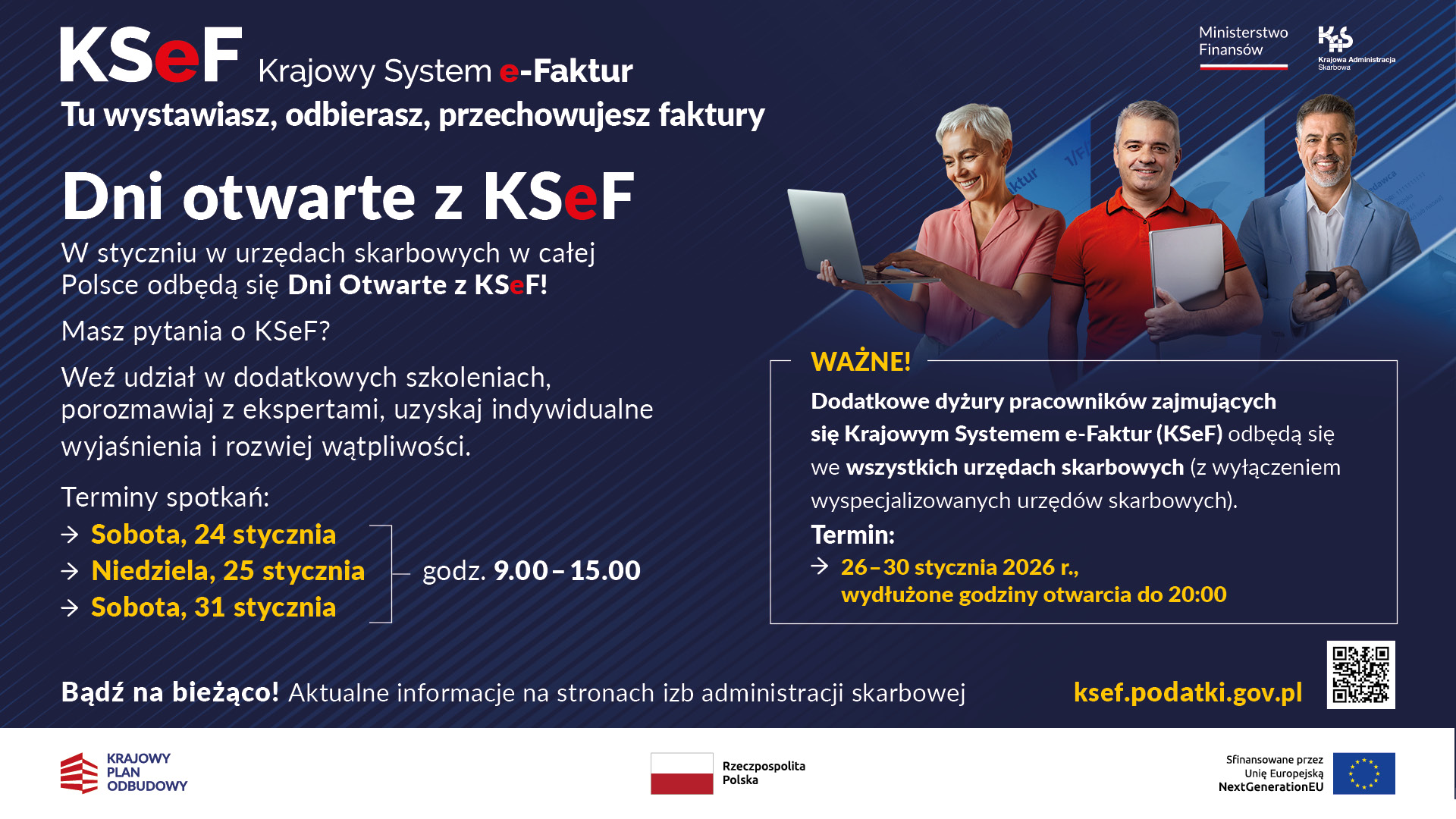 Plakat zapraszający na dni otwarte Krajowego Systemu e-Faktur (KSeF), które odbędą się w styczniu 2026 roku w urzędach skarbowych w Polsce.