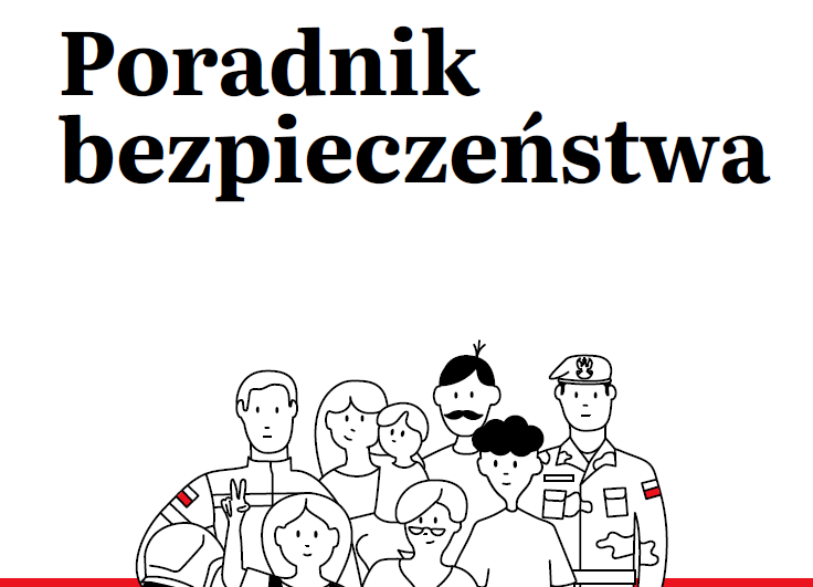 Na grafice przedstawiono grupę ludzi o różnorodnych wyglądach, symbolizujących społeczność, obok tytułu „Poradnik bezpieczeństwa”.
