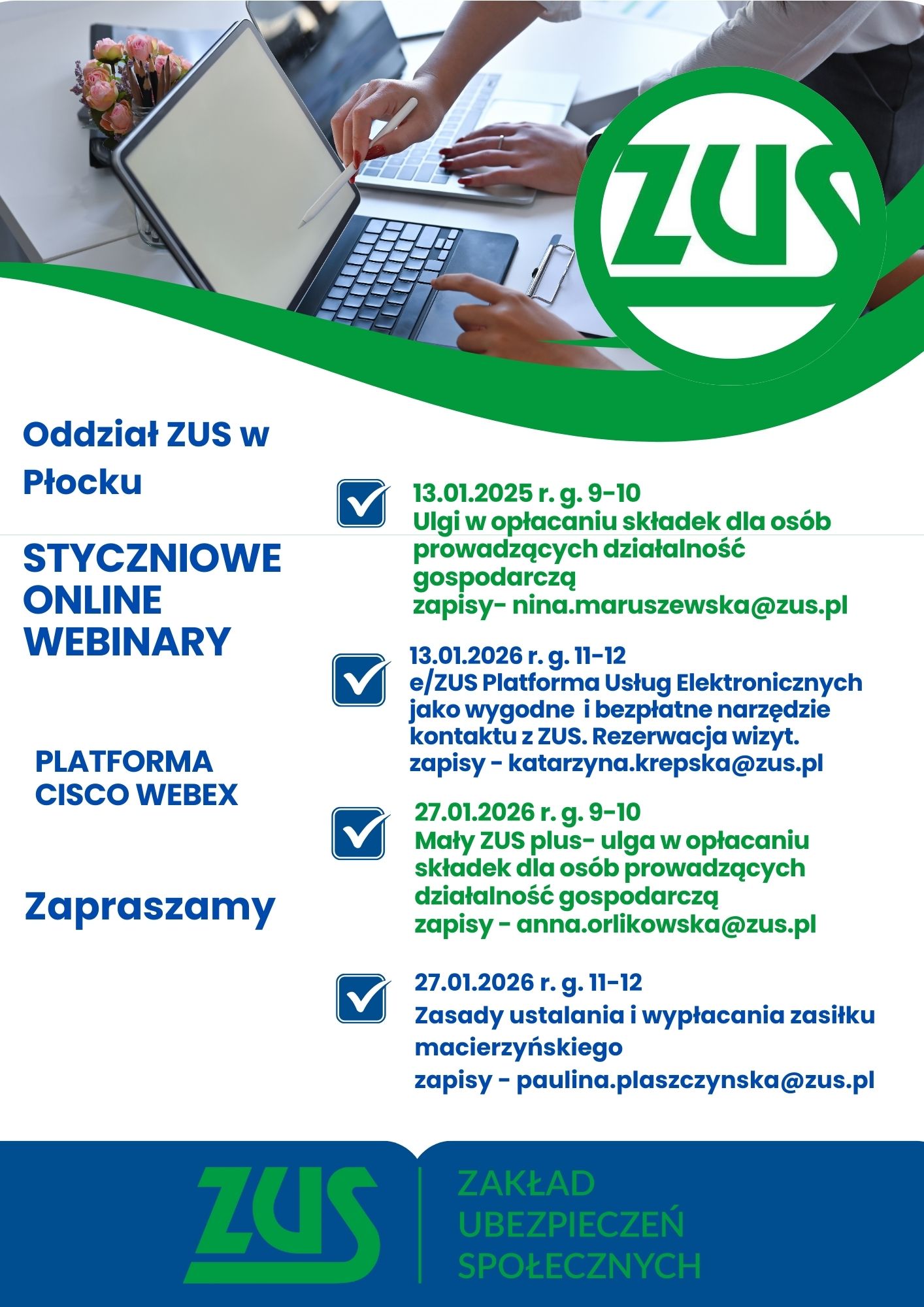 Plakat informujący o szkoleniach online organizowanych przez Oddział ZUS w Płocku dotyczących ulg w opłacaniu składek dla osób prowadzących działalność gospodarczą.