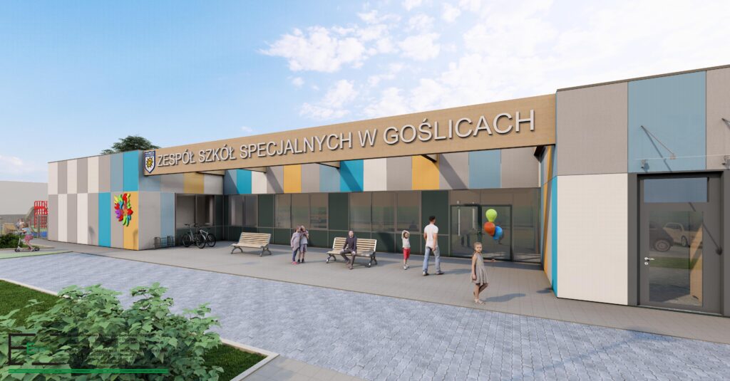 Wizualizacja nowej siedziby Zespołu Szkół Specjalnych w Goślicach – kolorowy, nowoczesny budynek z dużym wejściem, przeszklonymi drzwiami i placem przed szkołą, na którym stoją ludzie.