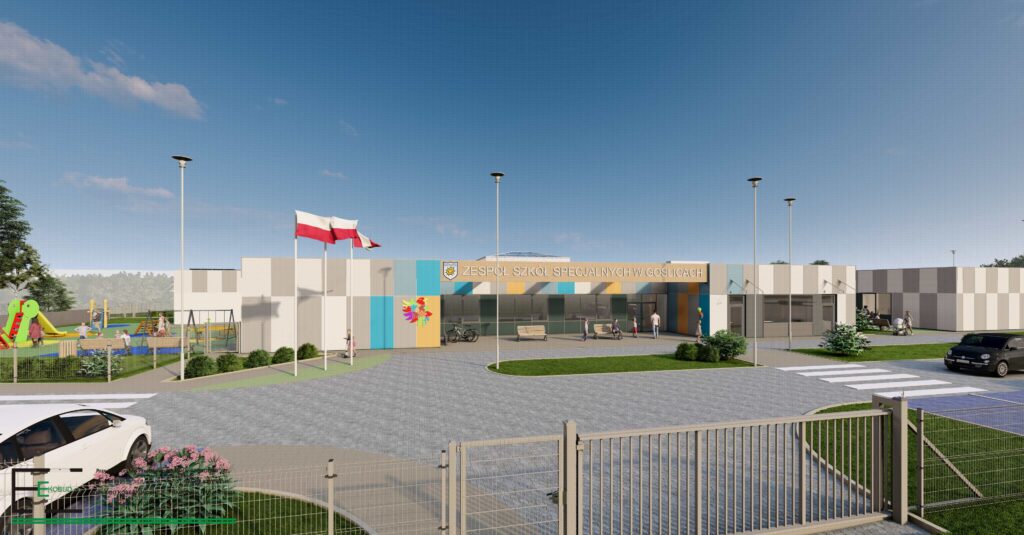 Wizualizacja nowej siedziby Zespołu Szkół Specjalnych w Goślicach: nowoczesny, kolorowy budynek z placem zabaw po lewej, ogrodzonym terenem, wejściem głównym i parkingiem.