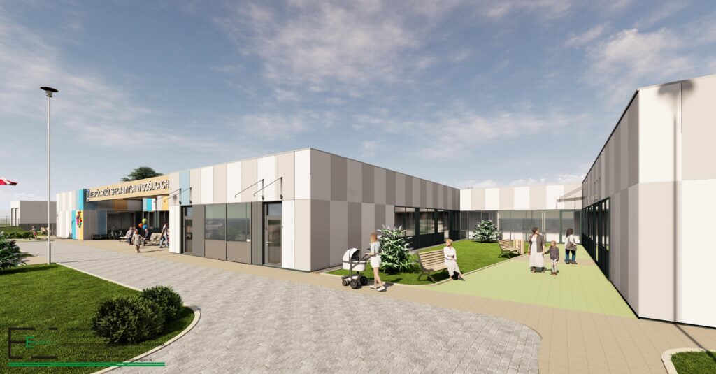 Wizualizacja nowoczesnej, jednopiętrowej siedziby szkoły specjalnej w Goślicach, z przeszklonym wejściem, otoczonej zielenią i miejscami rekreacji.