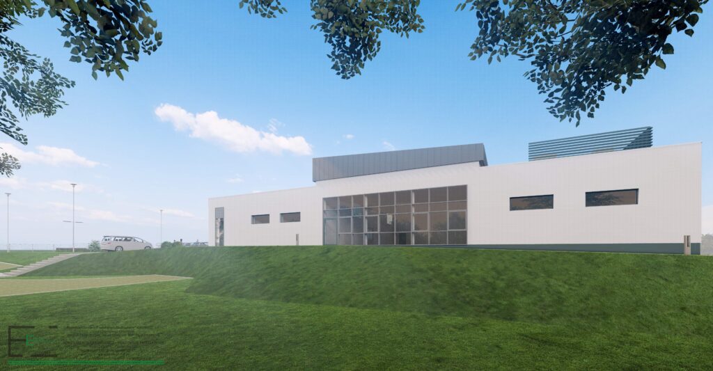 Wizualizacja nowoczesnego, białego budynku szkoły specjalnej na zielonej skarpie w Goślicach, z dużą przeszkloną fasadą i jasnym niebem.