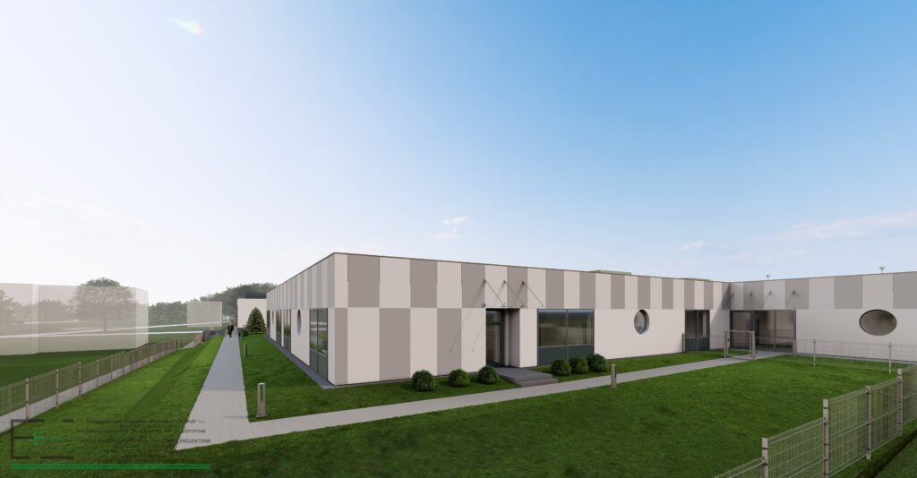 Wizualizacja nowej, jednokondygnacyjnej siedziby szkoły specjalnej w Goślicach — nowoczesny budynek o szachownicowej elewacji otoczony zielenią i ogrodzeniem.