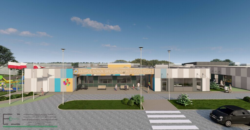 Wizualizacja nowej siedziby Zespołu Szkół Specjalnych w Goślicach – nowoczesny budynek z centralnym wejściem, kolorowymi panelami, flagami Polski przed wejściem oraz placem zabaw i chodnikiem w otoczeniu.