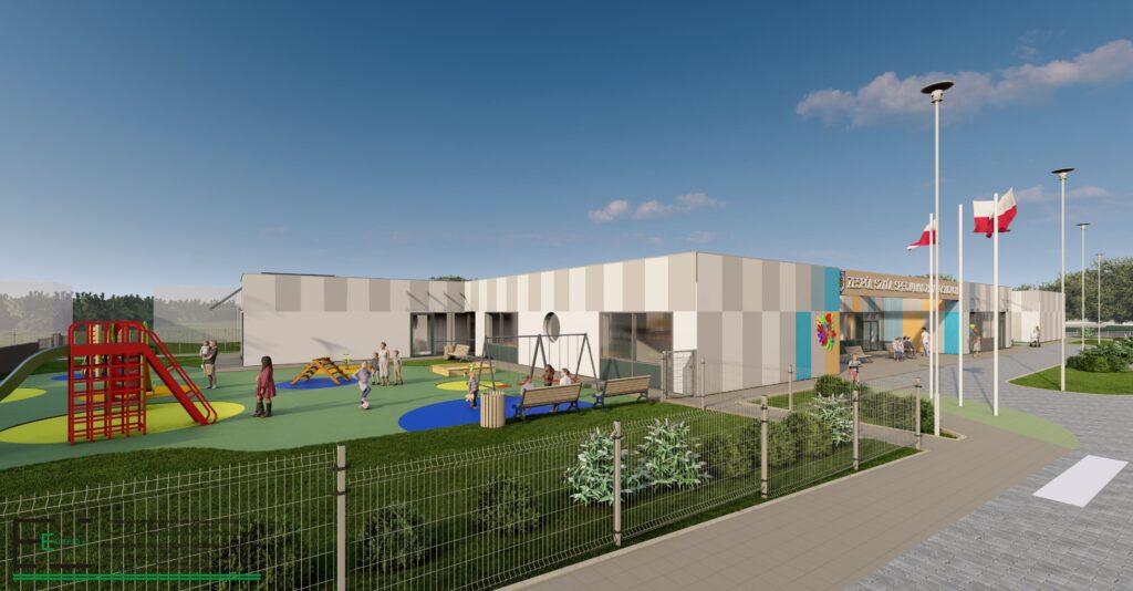 Wizualizacja 3D nowej siedziby szkoły specjalnej w Goślicach, z placem zabaw, nowoczesnym budynkiem i flagami przy wejściu.