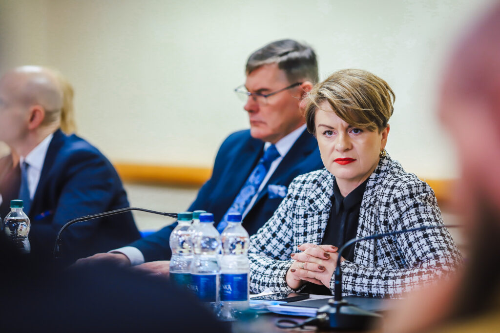 Kobieta w czarno-białej kratkowanej marynarce siedzi przy stole podczas XIX sesji Rady Powiatu Płockiego w kadencji 2024–2029, z mikrofonem i butelkami wody na blacie.