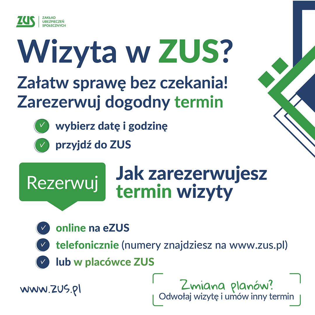 Banner ZUS promujący rezerwację wizyt: wygodny sposób załatwienia sprawy bez czekania, z możliwością wybrania daty i godziny online, telefonicznie lub w placówce ZUS.