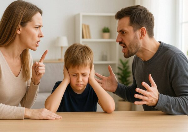 Dorosła kobieta i mężczyzna grożą i krzyczą na siedzące przy stole dziecko, które przykłada dłonie do uszu.