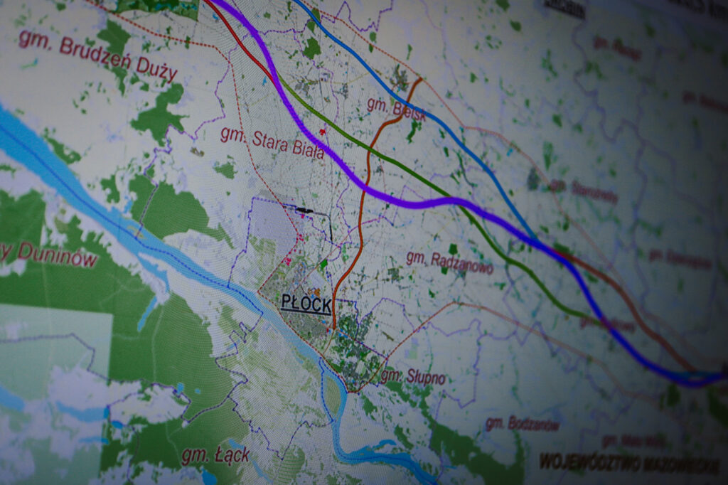 Mapa regionu z zaznaczoną trasą S10 przebiegającą w pobliżu Płocka.