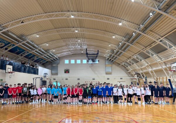 Duża grupa młodych zawodników w kolorowych koszulkach stoi w rzędzie na boisku hali podczas finałów siatkówki, z widzami na trybunach po lewej.